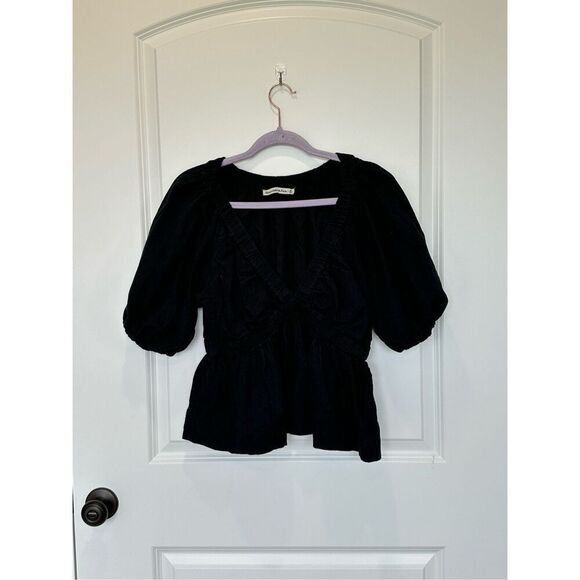 Abercrombie & Fitch Black V-Neck Puff Sleeve Top Linen Blend Size Medium - Picture 1 of 8